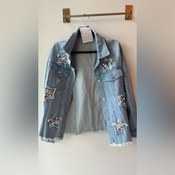 Bibi, Light Wash Denim Jacket with Sequin Stars, Size S | Z200 - Picture 1 of 5